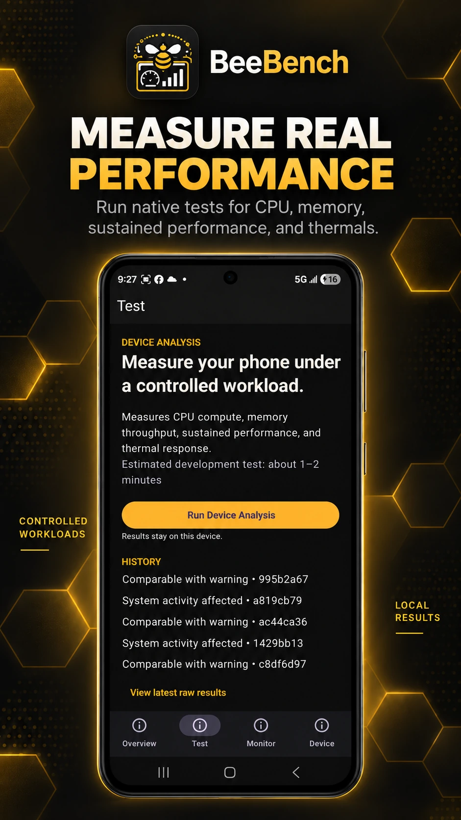 BeeBench test screen showing controlled workload analysis and a run button
