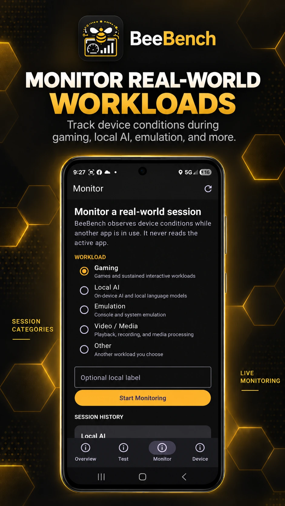 BeeBench monitor setup showing workload categories and live monitoring controls