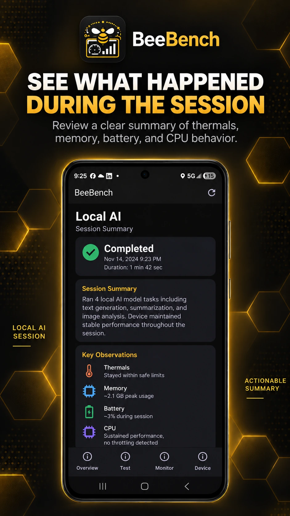BeeBench session summary showing local AI results and key observations