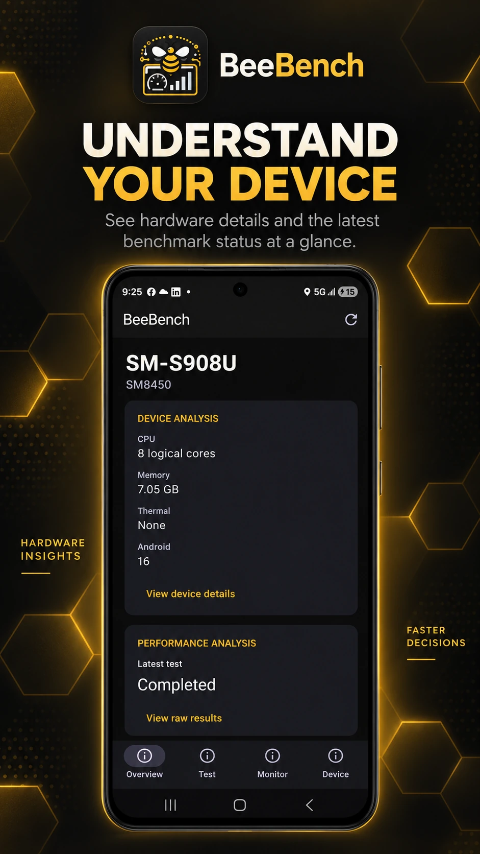 BeeBench device overview showing hardware insights and latest benchmark status