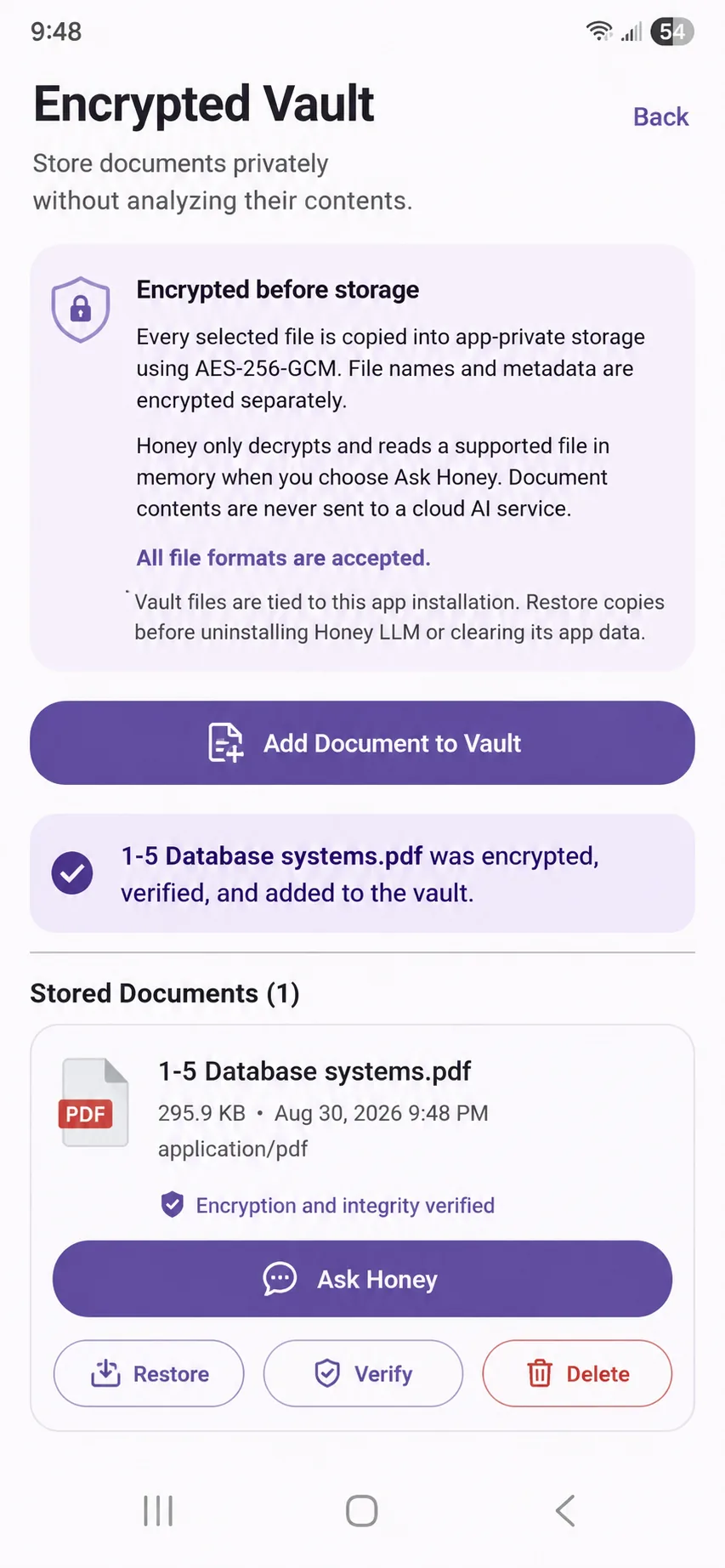 Private document Vault screen